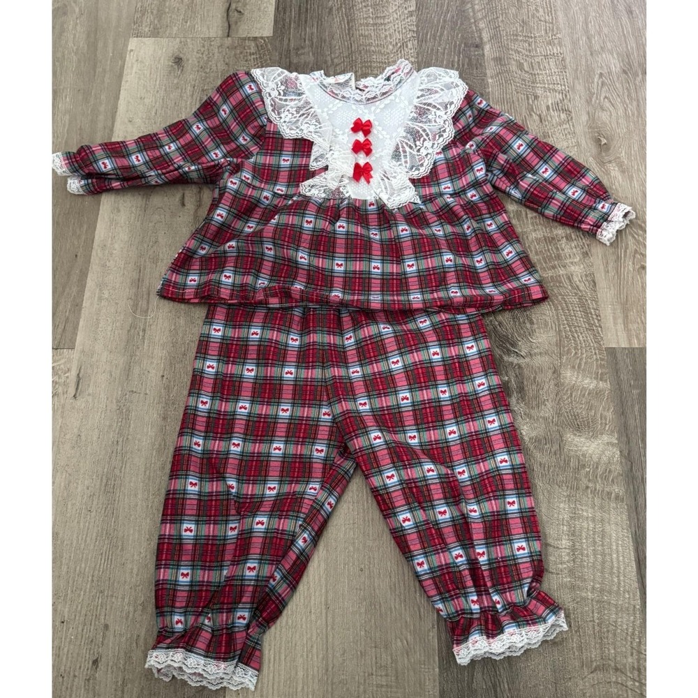 Vintage 90's Cassie Girls 2T Red Plaid‎ Pajama Set Lacy Accents